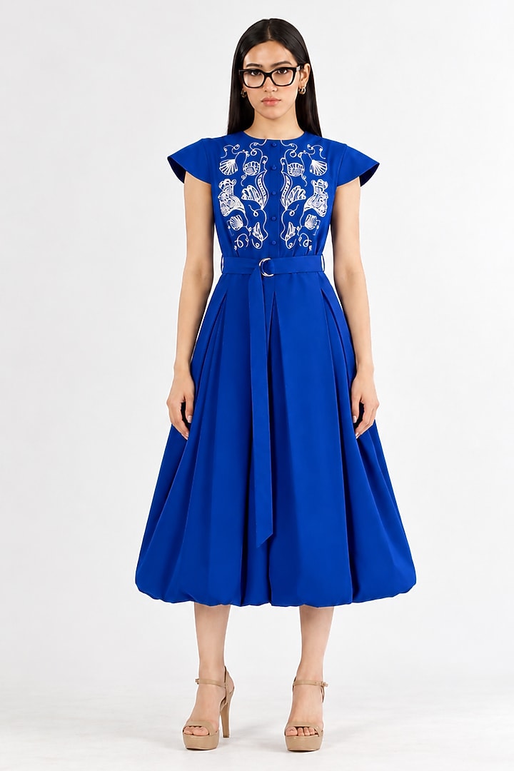 Royal Blue Cotton Hand Embroidered Midi Balloon Vacation Dress by ANGSA BY NIDHIR & SHELLY at Pernia's Pop Up Shop
