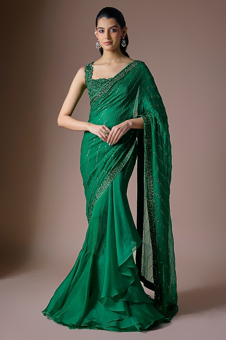Emerald Green Organza Hand Embroidered Ruffled Reception Saree Set by Anushree Reddy at Pernia's Pop Up Shop