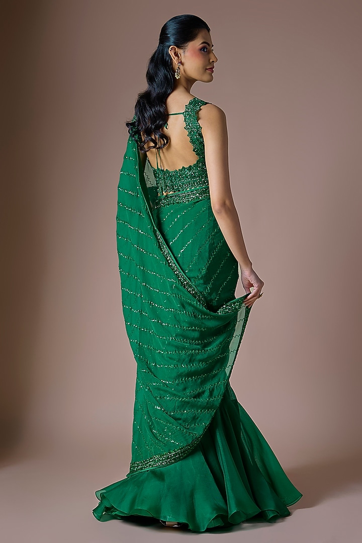 Emerald Green Organza Hand Embroidered Ruffled Reception Saree Set by Anushree Reddy at Pernia's Pop Up Shop