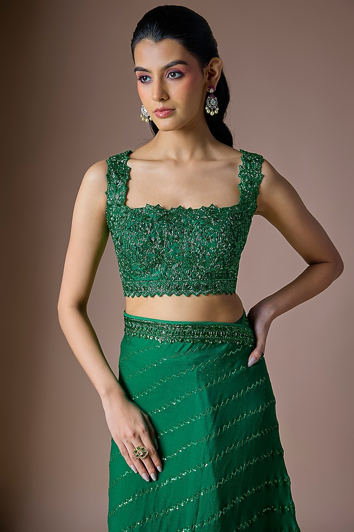 Emerald Green Organza Hand Embroidered Ruffled Reception Saree Set by Anushree Reddy at Pernia's Pop Up Shop
