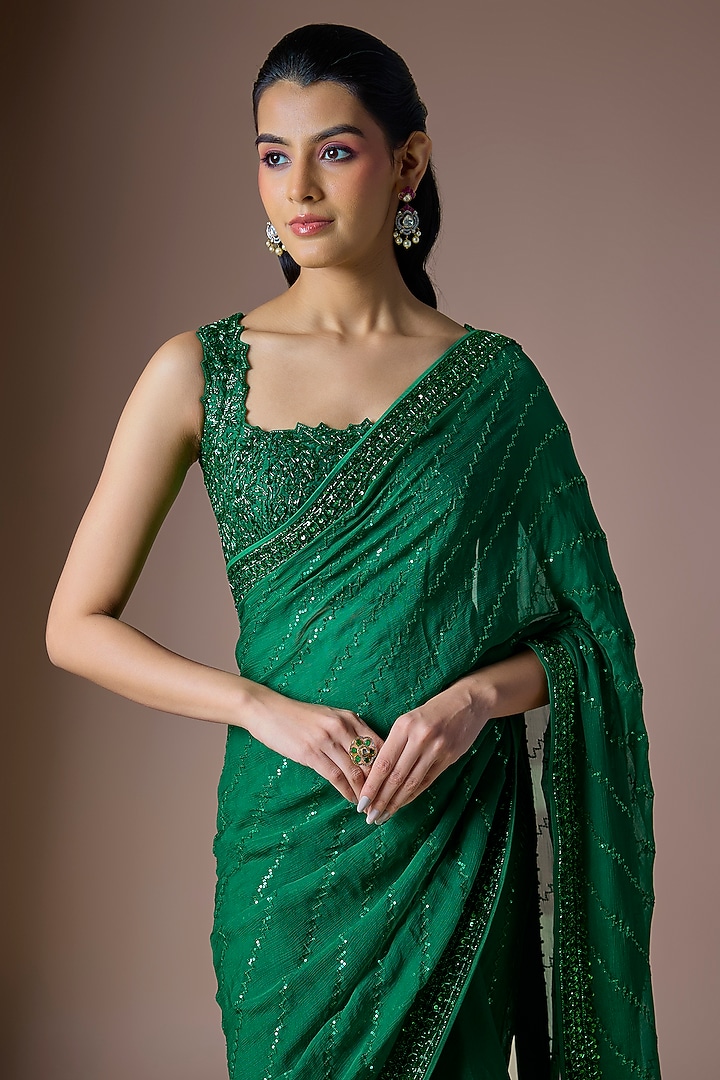 Emerald Green Organza Hand Embroidered Ruffled Reception Saree Set by Anushree Reddy at Pernia's Pop Up Shop