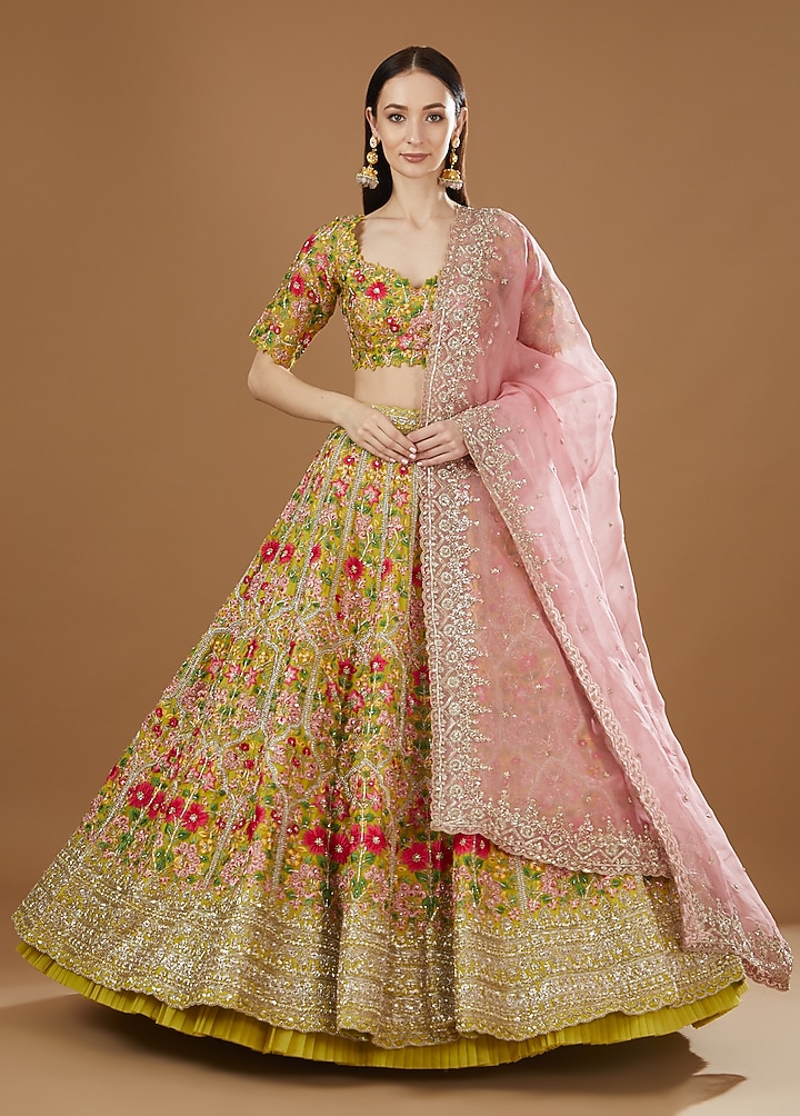 Yellow Organza & Raw Silk Embroidered Scalloped Bridal Lehenga Set by Anushree Reddy at Pernia's Pop Up Shop