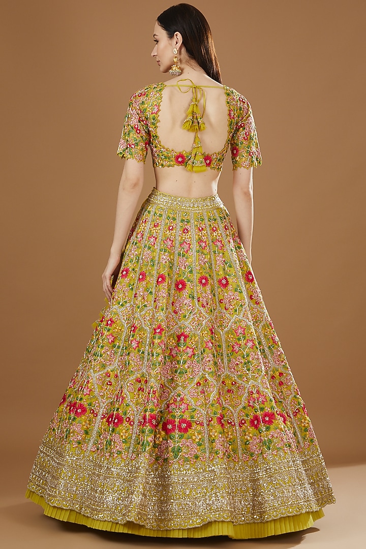 Yellow Organza & Raw Silk Embroidered Scalloped Bridal Lehenga Set by Anushree Reddy at Pernia's Pop Up Shop