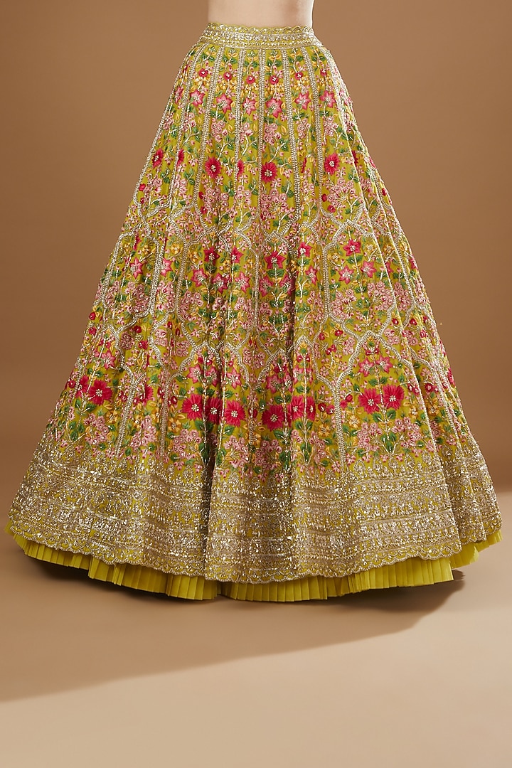 Yellow Organza & Raw Silk Embroidered Scalloped Bridal Lehenga Set by Anushree Reddy at Pernia's Pop Up Shop