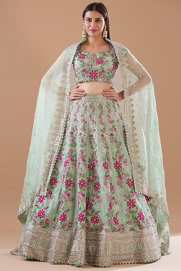 Sea Green Organza Embroidered Bridal Lehenga Set by Anushree Reddy at Pernia's Pop Up Shop
