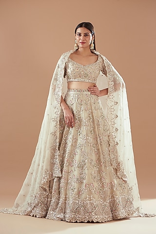 Ivory Raw Silk Embroidered Lehenga Set by Anushree Reddy