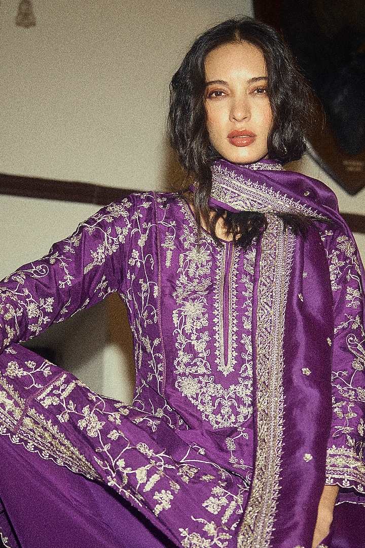 Dark Purple Dupion Silk Embroidered Kurta Set by Anushree Reddy at Pernia's Pop Up Shop