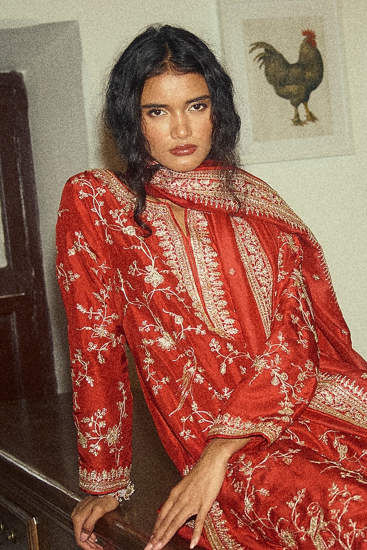 Red Dupion Silk Embroidered Kurta Set by Anushree Reddy at Pernia's Pop Up Shop