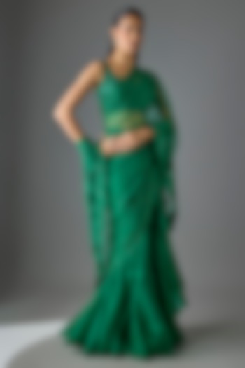 Emerald Green Organza & Net Ruffled Bridal Saree Set by Anushree Reddy at Pernia's Pop Up Shop