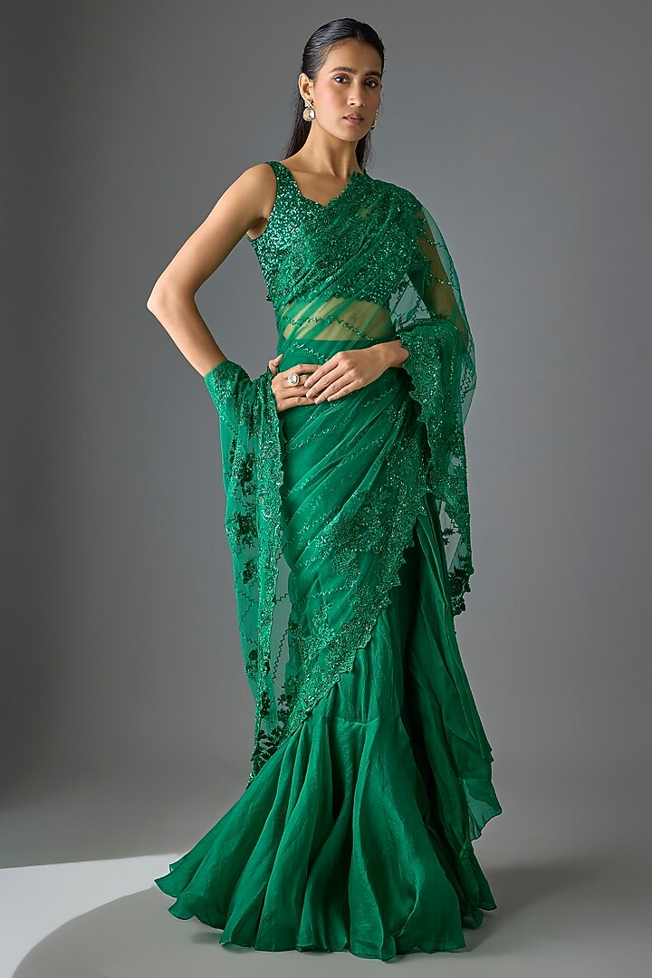Emerald Green Organza & Net Ruffled Bridal Saree Set by Anushree Reddy at Pernia's Pop Up Shop