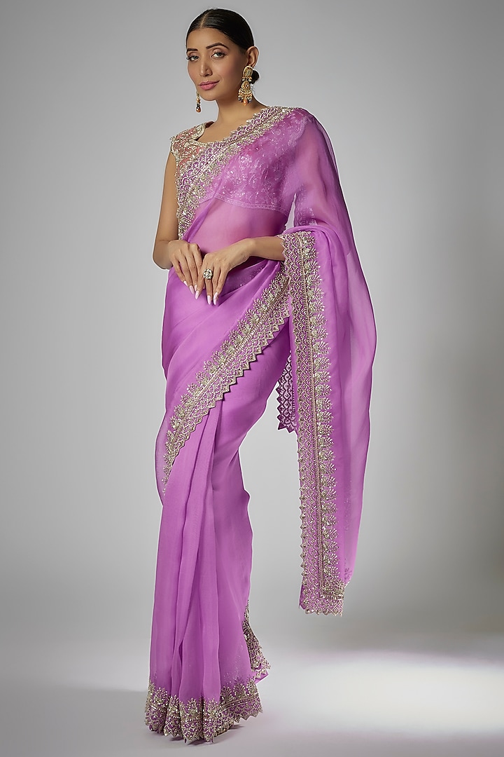 Purple Organza Embroidered Saree Set by Anushree Reddy
