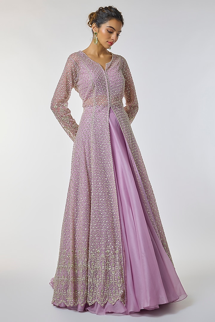Lavender Pink Net Embroidered Jacket Set by Anushree Reddy at Pernia's Pop Up Shop