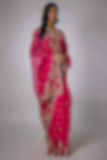 Pink Organza Zardosi Embroidered Bridal Saree Set by Anushree Reddy at Pernia's Pop Up Shop