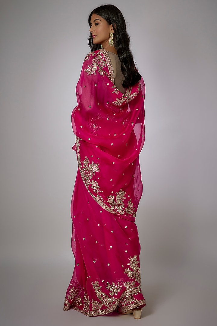 Pink Organza Zardosi Embroidered Bridal Saree Set by Anushree Reddy at Pernia's Pop Up Shop