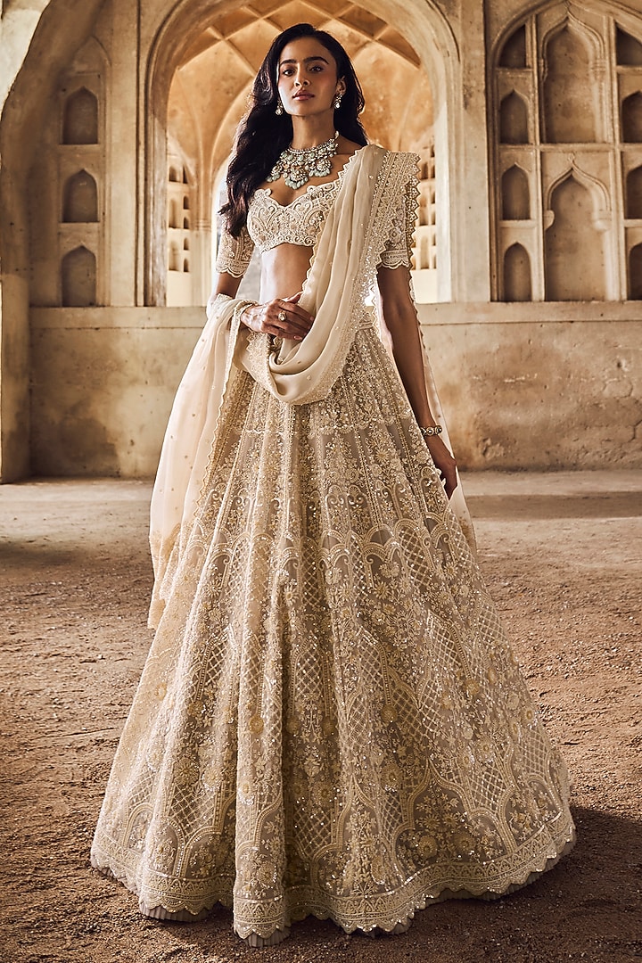 Ivory Organza Hand Embroidered Bridal Lehenga Set by Anushree Reddy at Pernia's Pop Up Shop
