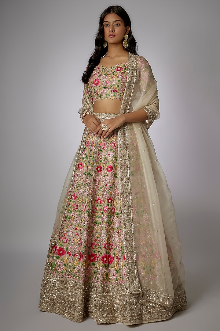 Ivory Organza Zardosi Hand Embroidered Bridal Lehenga Set by Anushree Reddy at Pernia's Pop Up Shop