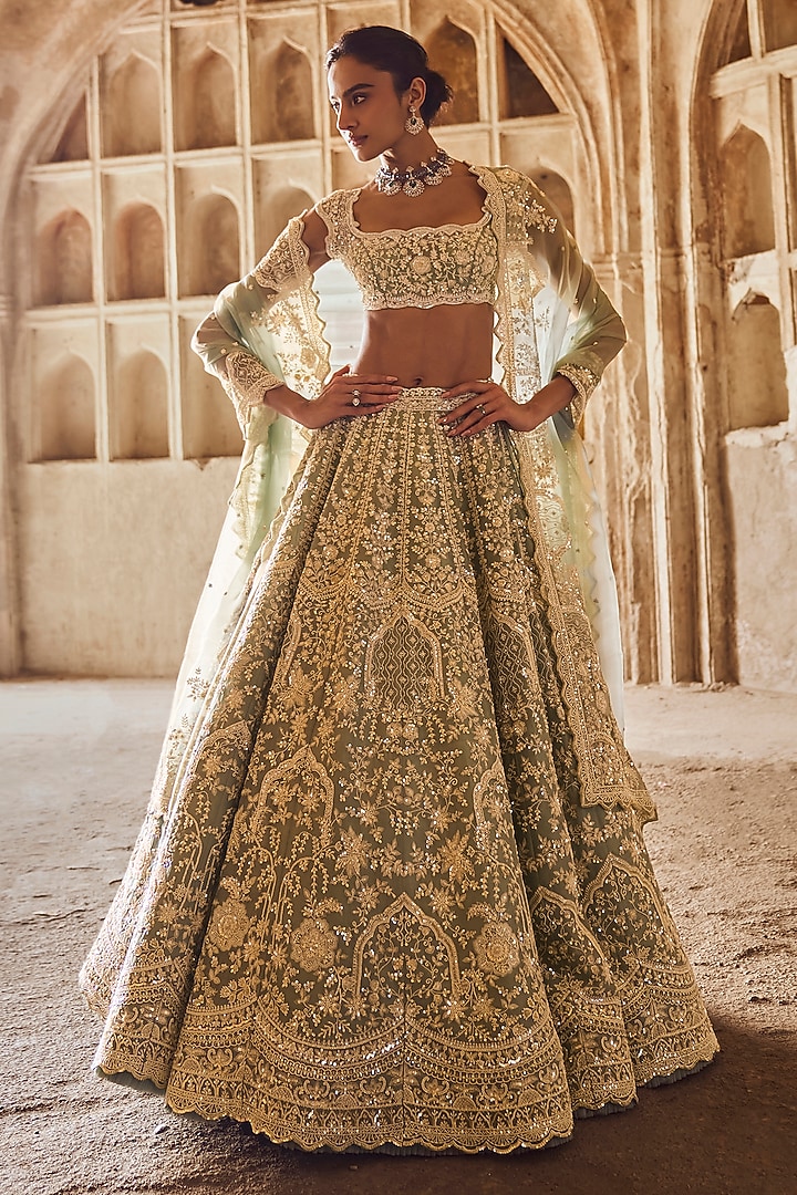 Blue Organza Hand Embroidered Bridal Lehenga Set by Anushree Reddy at Pernia's Pop Up Shop