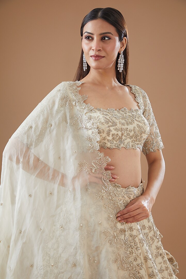 Ivory Organza Hand Embroidered Bridal Lehenga Set by Anushree Reddy at Pernia's Pop Up Shop