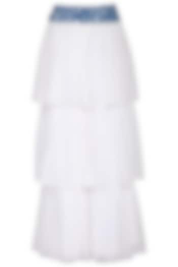 White and blue embroidered ruffle maxi skirt by Aruni