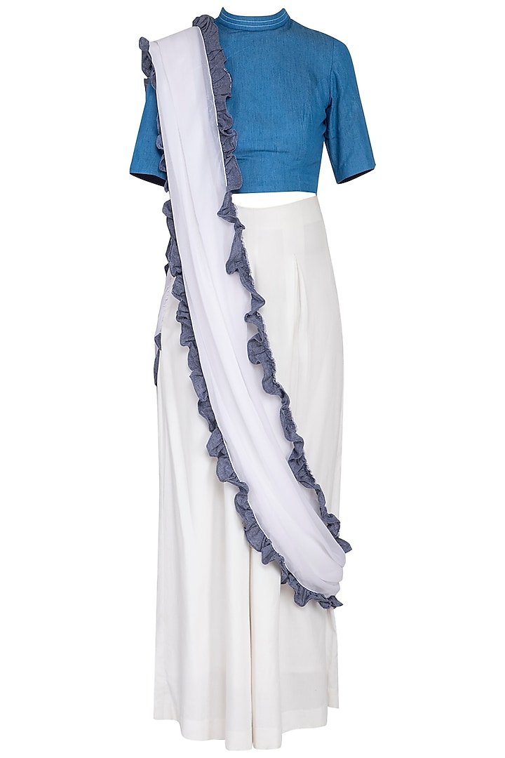White and blue ruffle pant saree by Aruni