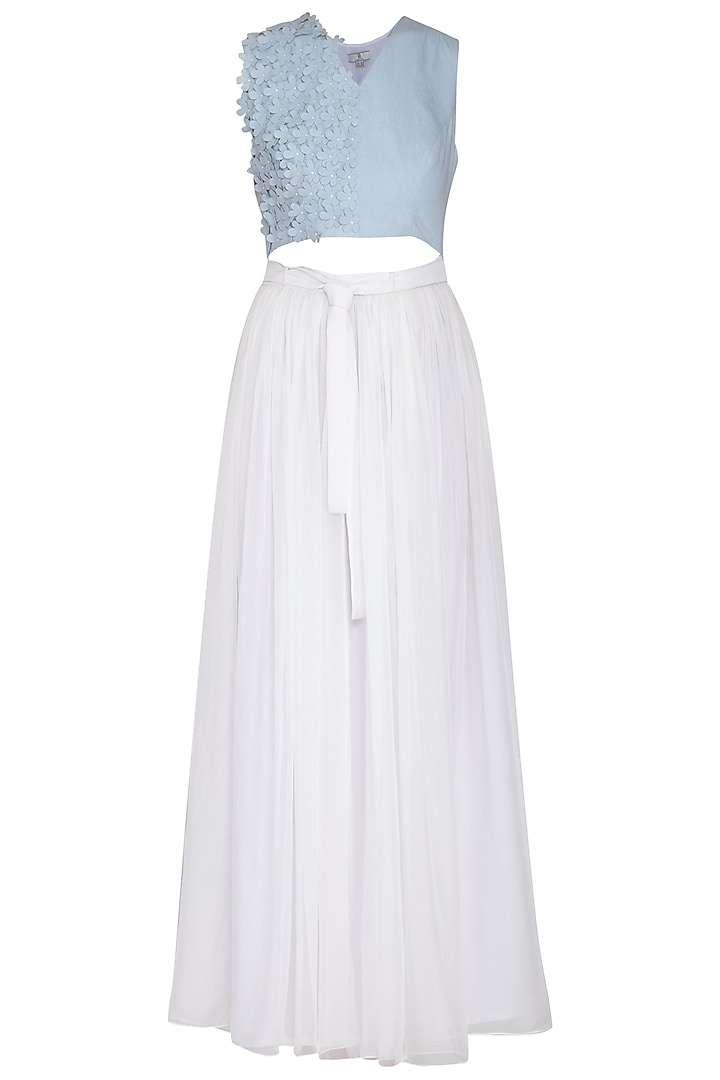 Blue and white embroidered dress by Aruni