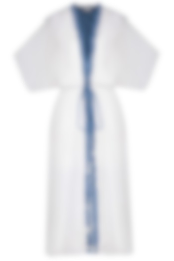 White and blue embroidered trench coat by Aruni