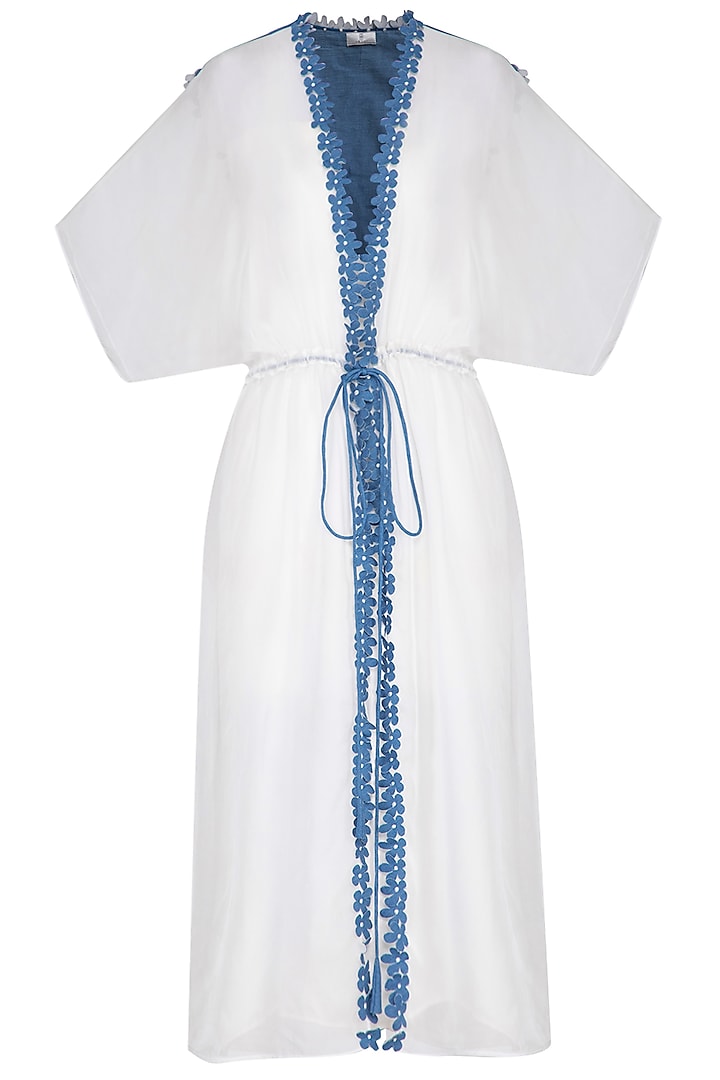 White and blue embroidered trench coat by Aruni