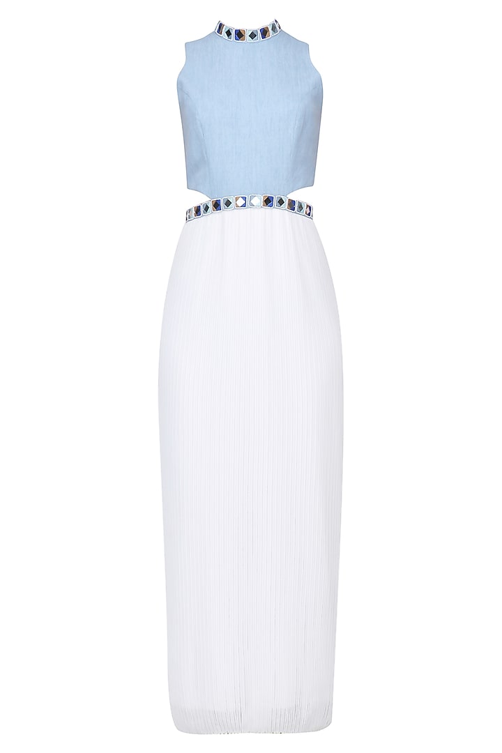 Sky Blue and White Mirror Embroidered Pleated Gown by Aruni