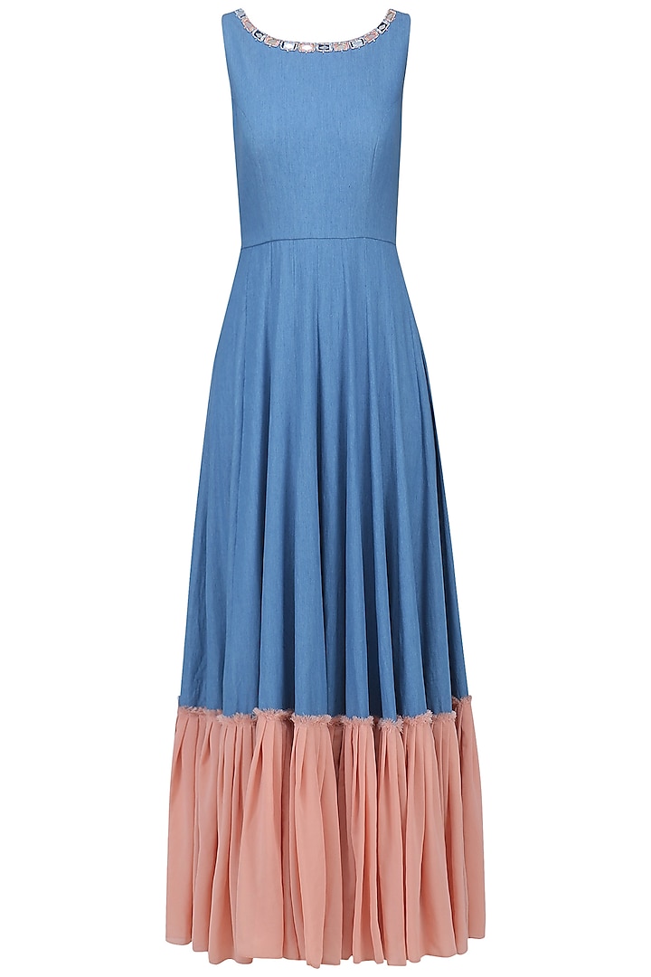 Medium Blue and Salmon Pink Gown by Aruni