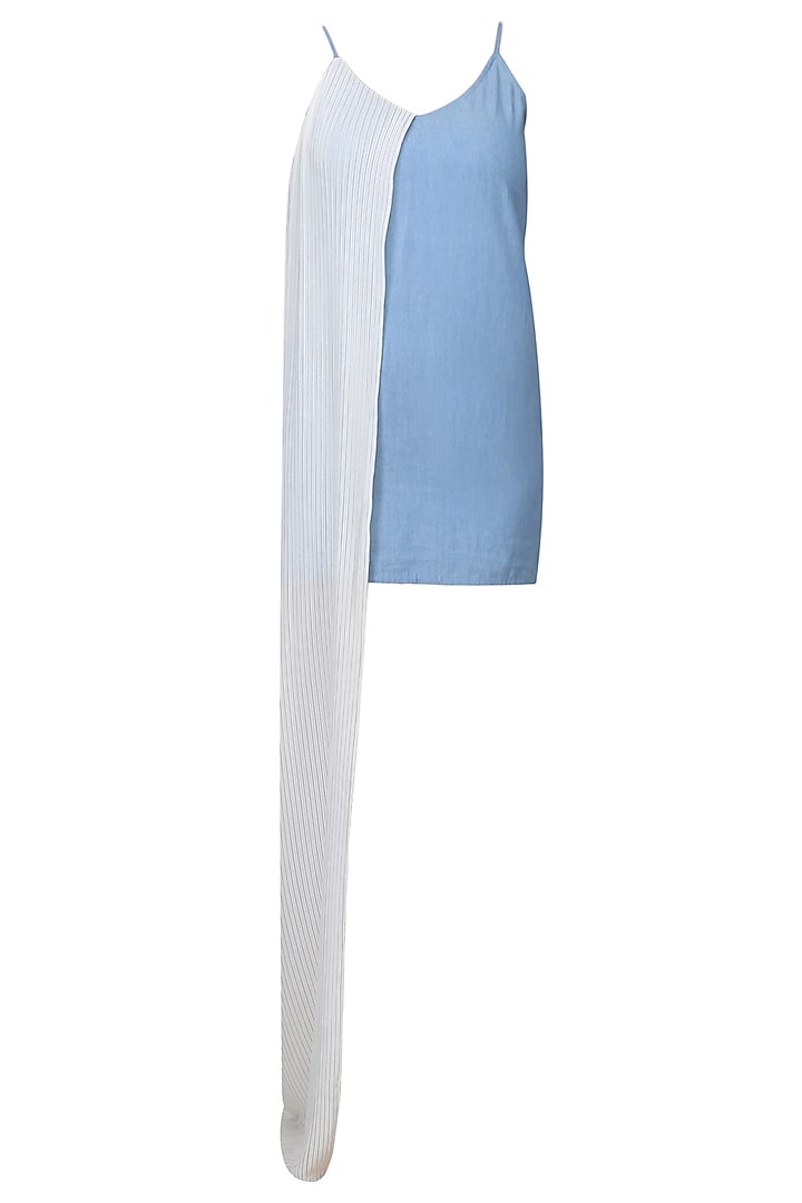 Light Blue And White Half Pintucked Denim Slit Dress by Aruni