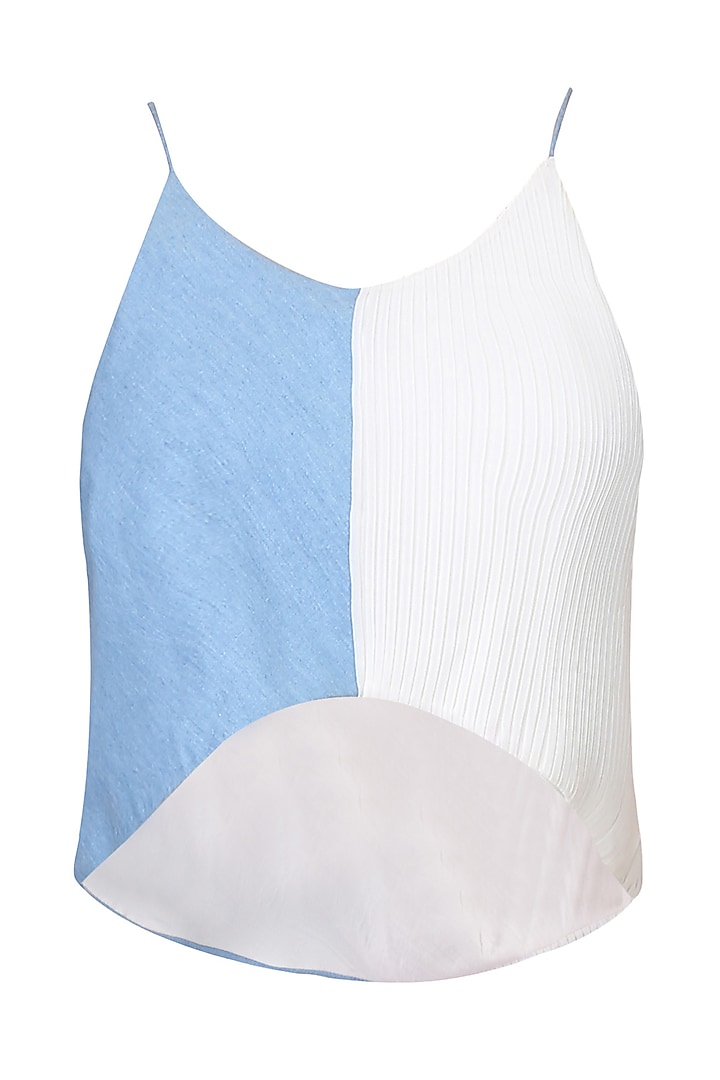 Blue And White Half Pleated Denim Crop Top by Aruni