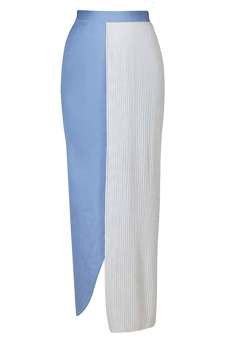 Blue And White Half Pleated Denim Wrap Around Skirt by Aruni