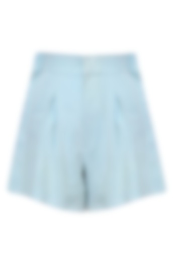 Powder Blue Washed Denim Shorts With Frilled Edges by Aruni
