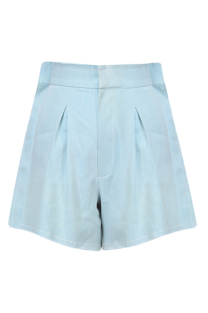 Powder blue washed denim shorts with frilled edges available only at Pernia's Pop Up Shop.