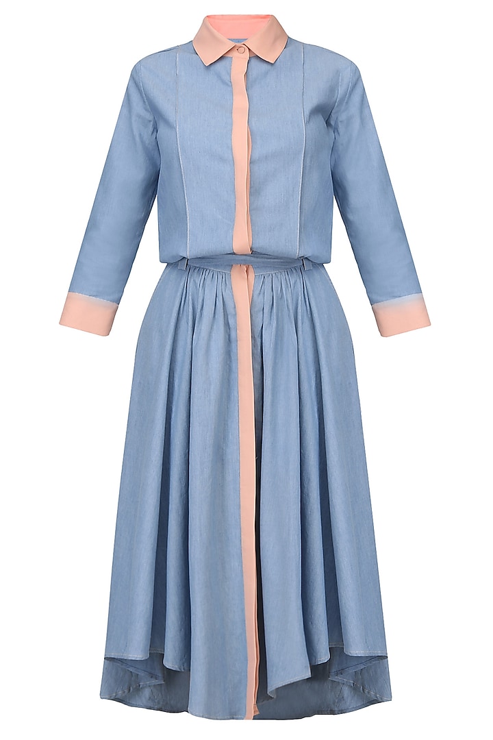 Blue And Salmon Pink Flared Midi Dress by Aruni