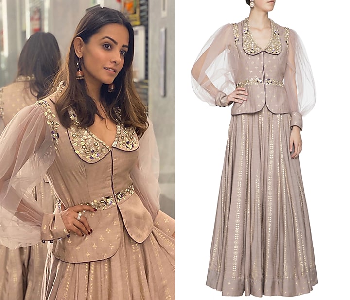 Mud grey foil print lehenga with embroidered jacket available only at Pernia's Pop Up Shop.