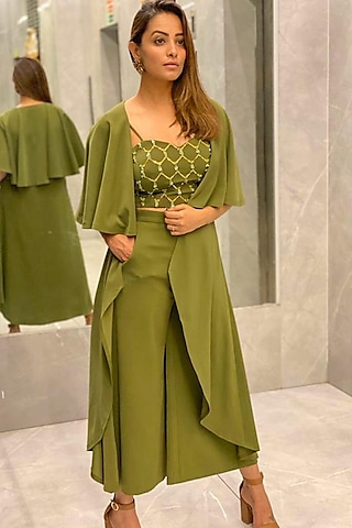 Moss Green Embellished Cape Set by Mehak Murpana