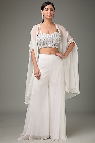 Ivory Flat Chiffon Palazzo Pant Set by ANJALIVERMA