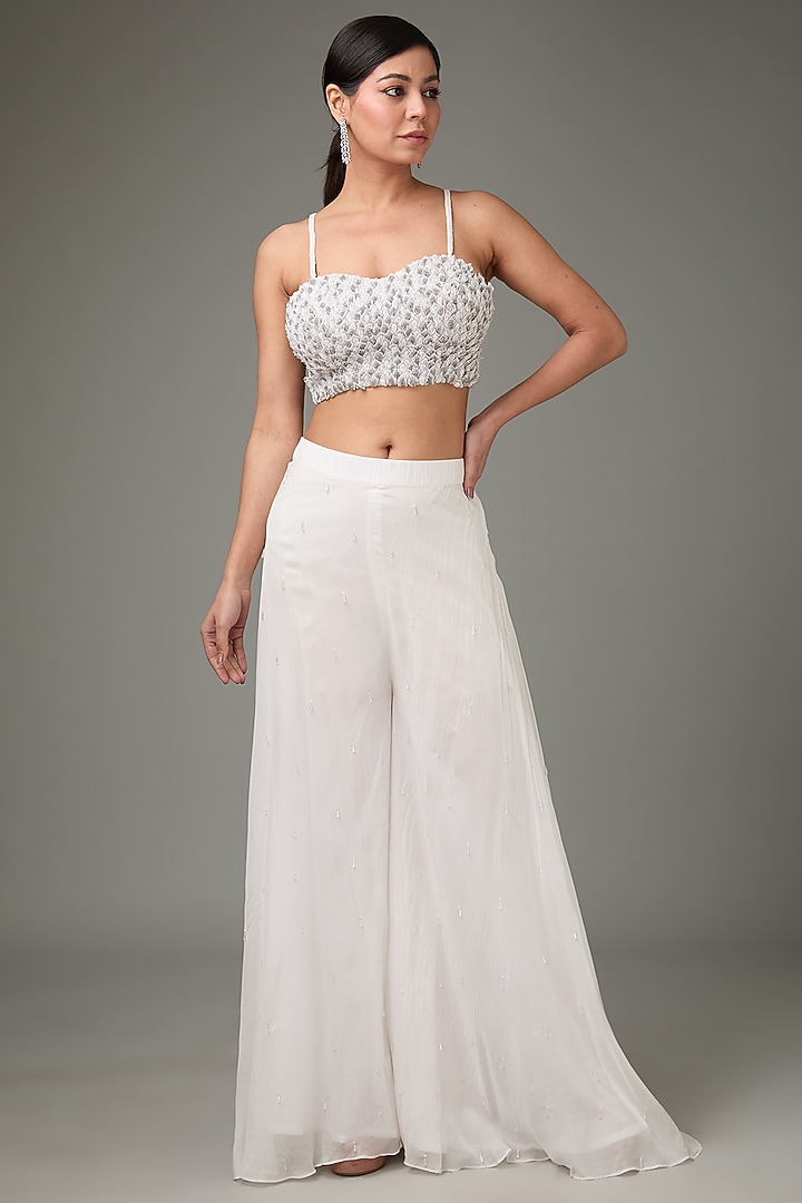 Ivory Flat Chiffon Palazzo Pant Set by ANJALIVERMA at Pernia's Pop Up Shop