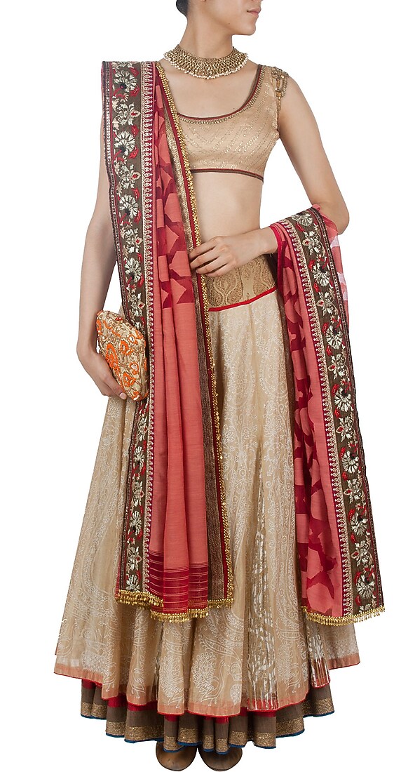 Gold tissue overlay lehenga sari available only at Pernia's Pop-Up Shop.