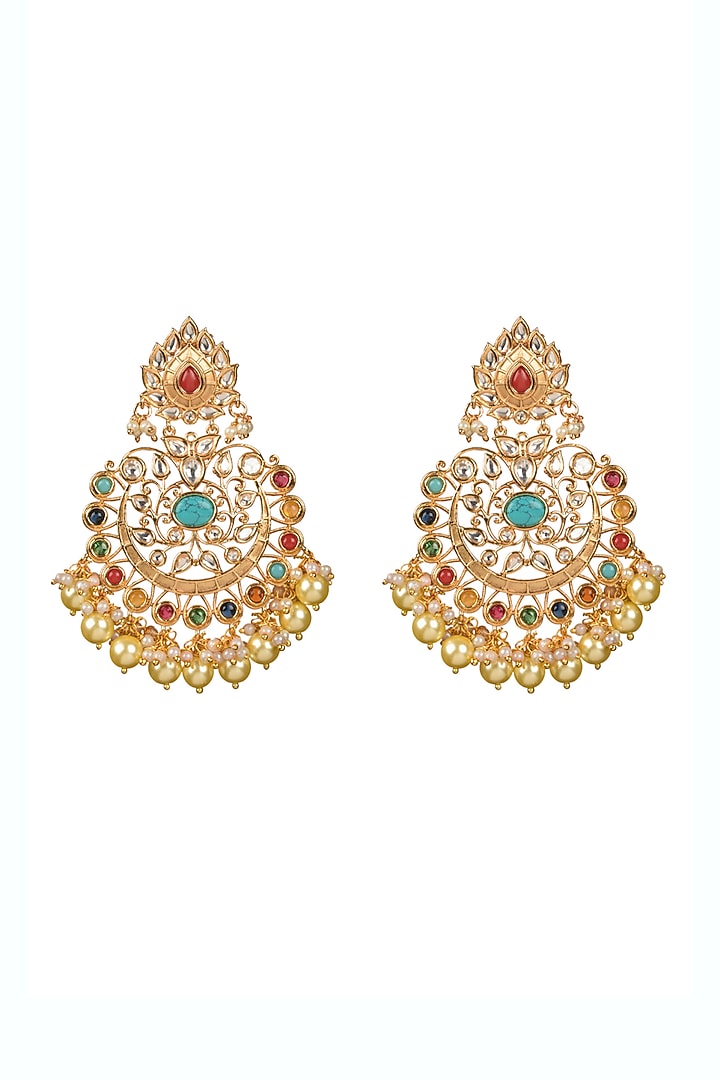 Gold Plated Kundan Polki & Pearl Chandbali Earrings by Anjali Jain Jewellery at Pernia's Pop Up Shop