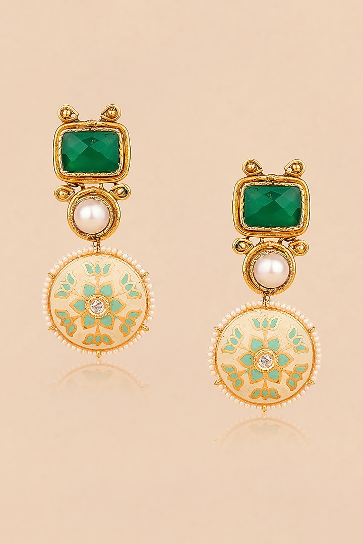 Gold Plated Agate & Pearl Enameled Dangler Earrings by Anjali Jain Jewellery at Pernia's Pop Up Shop