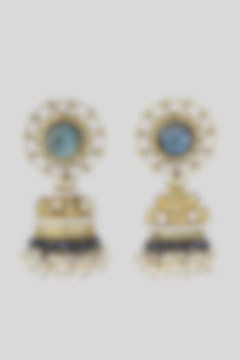 Gold Plated Kundan Polki & Labradorite Stone Jhumka Earrings by Anjali Jain Jewellery at Pernia's Pop Up Shop