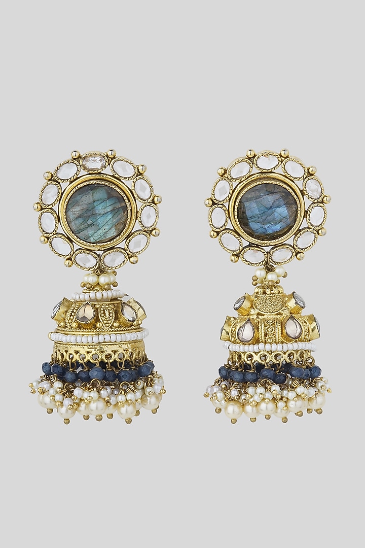 Gold Plated Kundan Polki & Labradorite Stone Jhumka Earrings by Anjali Jain Jewellery at Pernia's Pop Up Shop