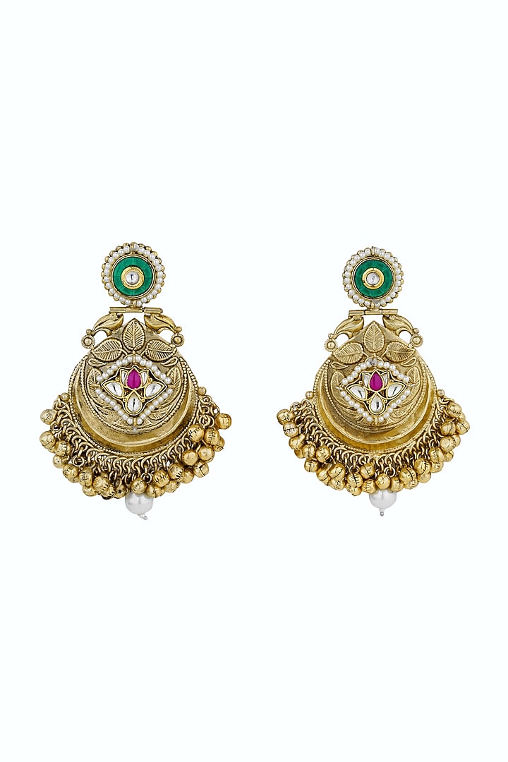 Gold Plated Kundan Polki & Pearl Chandbali Earrings by Anjali Jain Jewellery at Pernia's Pop Up Shop