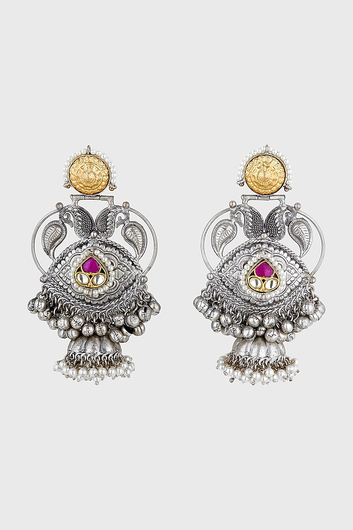 Two Tone Finish Kundan Polki & Pearl Carved Chandbali Earrings by Anjali Jain Jewellery at Pernia's Pop Up Shop