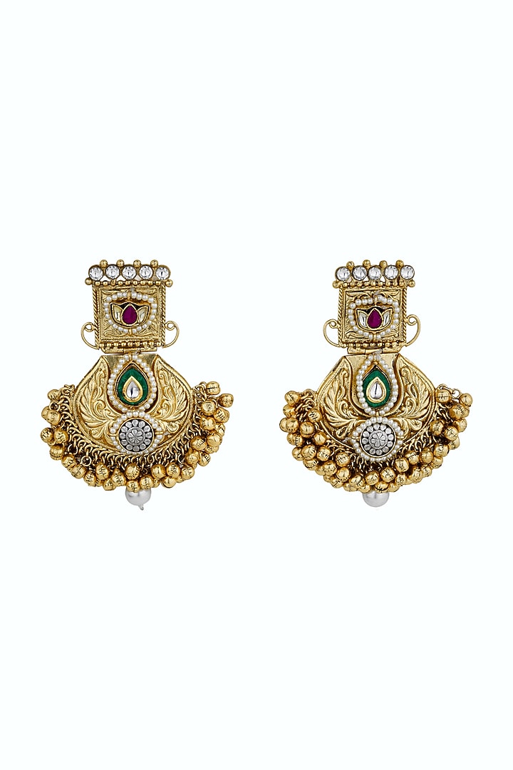 Gold Plated Kundan Polki & Pearl Chandbali Earrings by Anjali Jain Jewellery at Pernia's Pop Up Shop