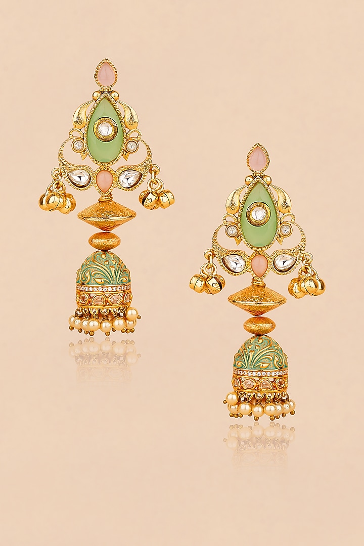Gold Plated Kundan Polki & Multi-Colored Stone Jhumka Earrings by Anjali Jain Jewellery at Pernia's Pop Up Shop