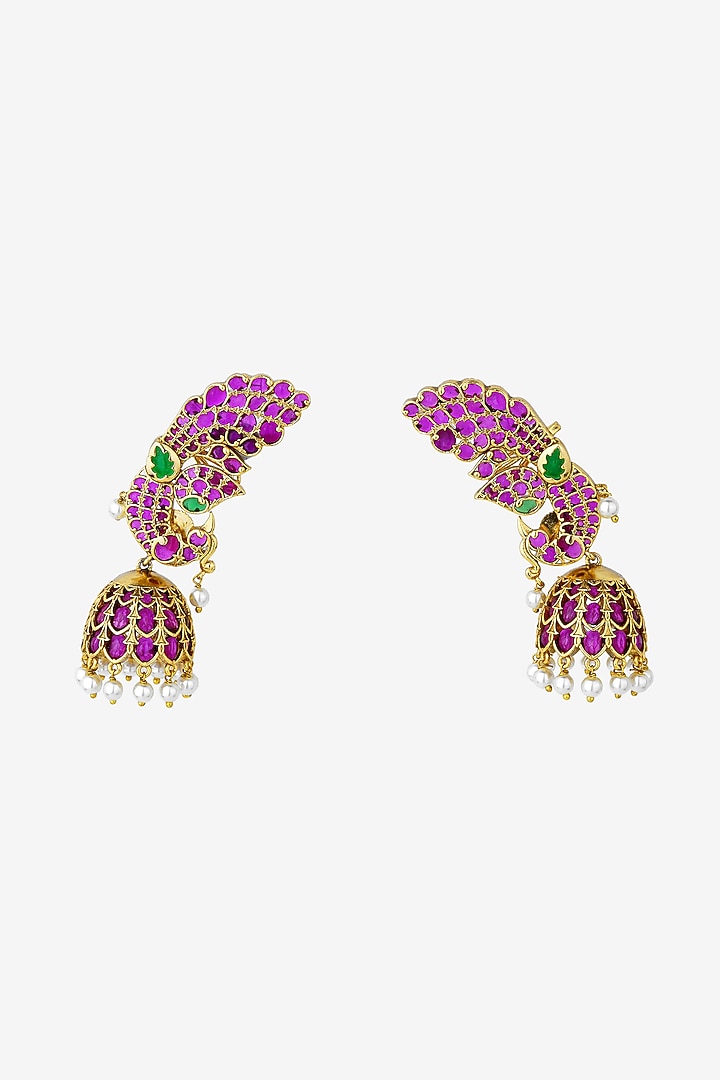 Gold Plated Red & Green Stone Jhumka Earrings by Anjali Jain Jewellery at Pernia's Pop Up Shop