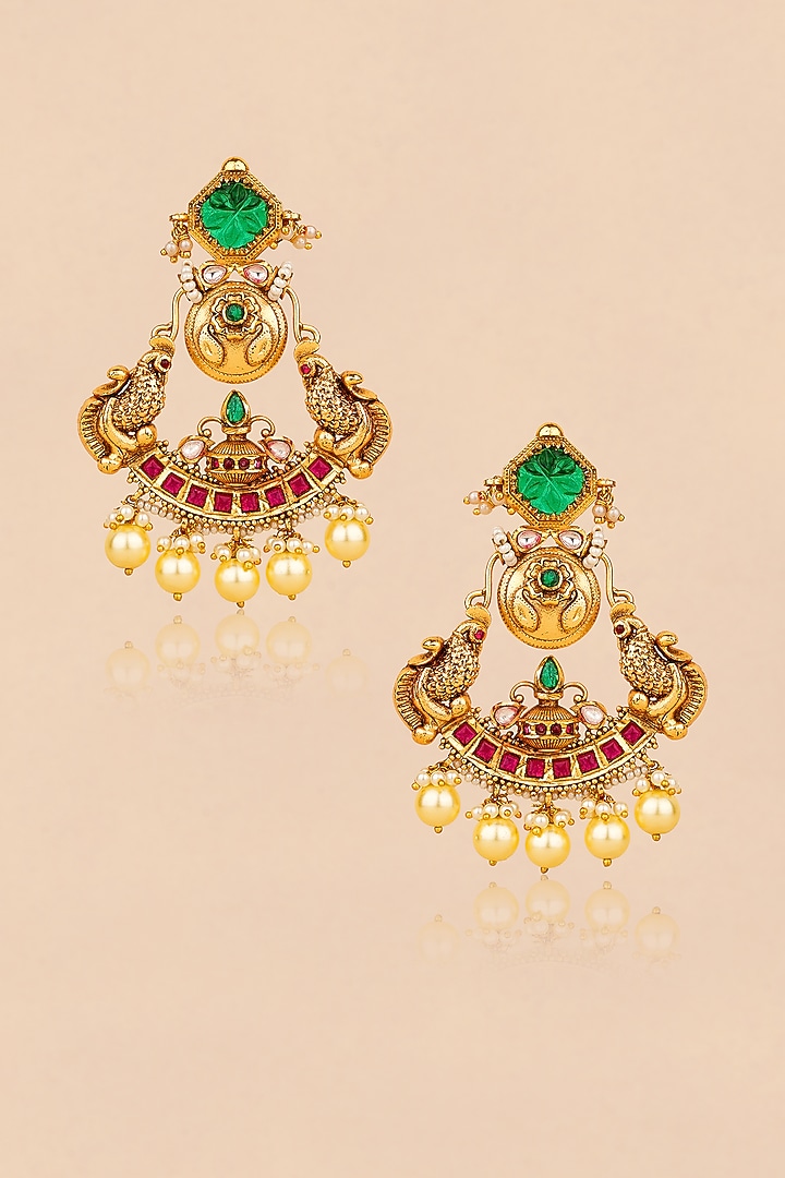 Gold Plated Red & Green Stone Peacock Chandbali Earrings by Anjali Jain Jewellery at Pernia's Pop Up Shop